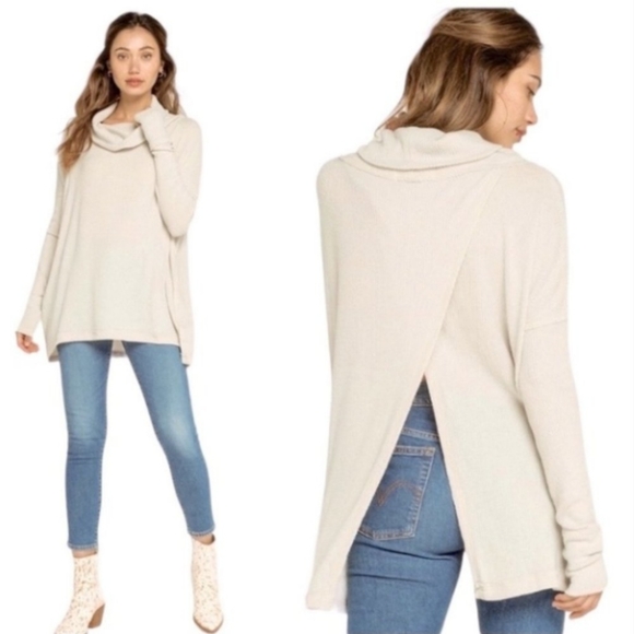 NWT Free People Juicy Long Sleeve Top Cowl Neck Thermal Stone Cold Beige - Picture 2 of 7